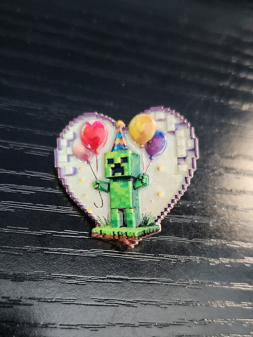 Minecraft Creeper Heart Pin with Colorful Balloons